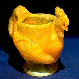 Boyd Glass XL Rooster Egg Cup 1999 Autumn Harvest Swirl Uranium Slag GLOWS OOAK